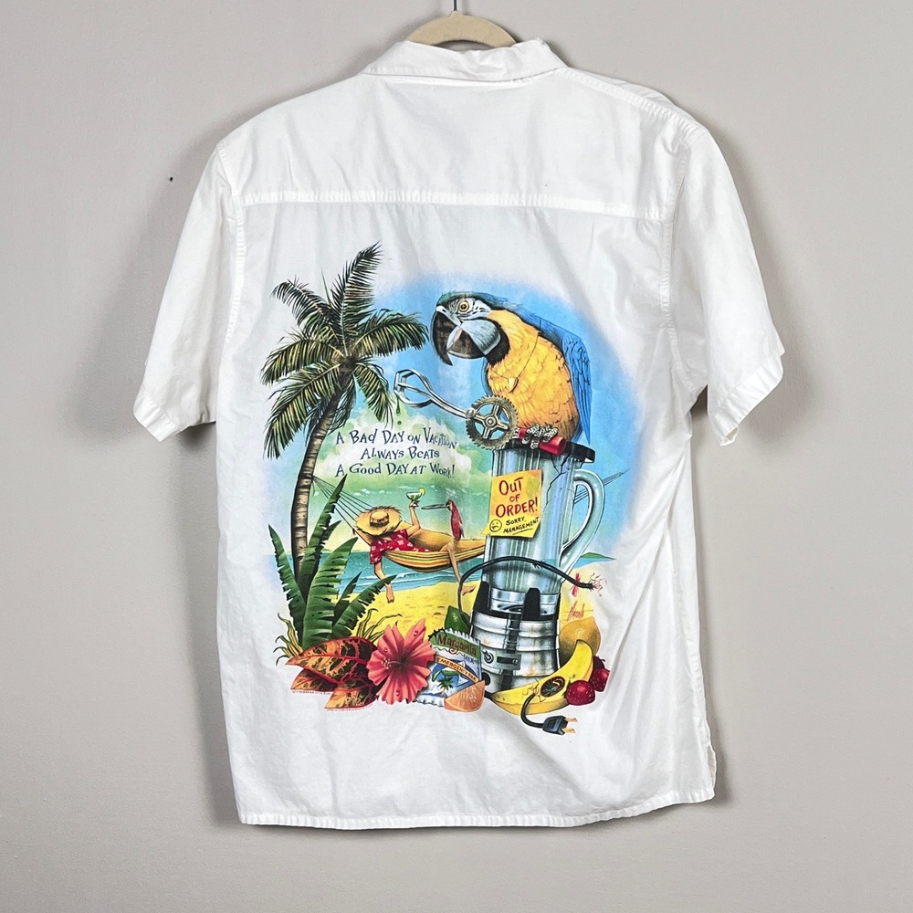 Caribbean Soul Button Shirt Mens M Parrot Graphic White Hawaiian Camp Nautical